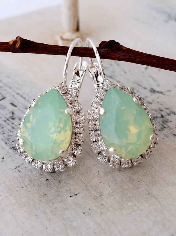 Wedding - Mint opal earrings, Swarovski crystal teardrop earrings, Drop earrings Bridal earrings Bridesmaids gift wedding jewelry mint Dangle earring
