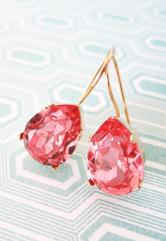 Mariage - Ourania - Simple Swarovski Crystal Teardrop Earrings, Rose Peach Pink Crystal Earrings, Gold Plated, Bride Bridesmaid Bridal Simple Earrings