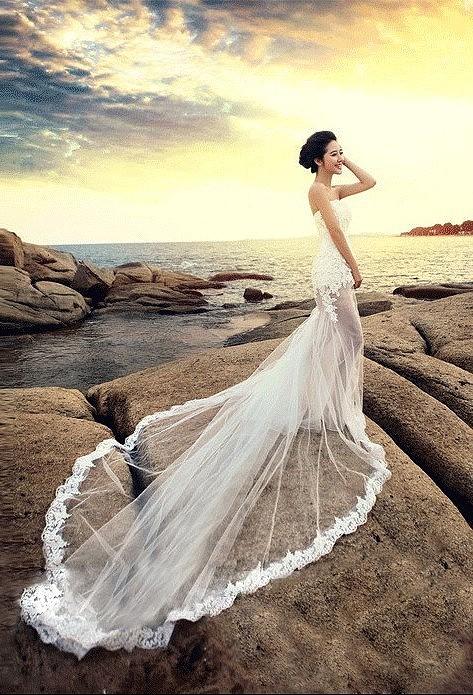 Wedding - 2015 Summer Beach Sheath See through Sexy Wedding Dresses Elegant Applique Lace Strapless White Dress Chapel Train Custom Made Online with $124.61/Piece on Hjklp88's Store 