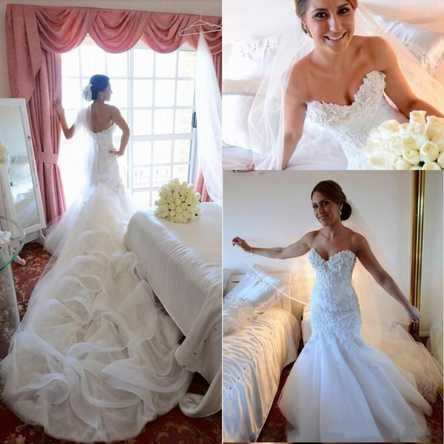 Wedding - Sexy Mermaid Wedding Dresses Sweetheart White Cathedral Train Sheer Lace Appliques Beads Tulle Bridal Gowns Custom Made 2015 Spring Garden Online with $136.18/Piece on Hjklp88's Store 