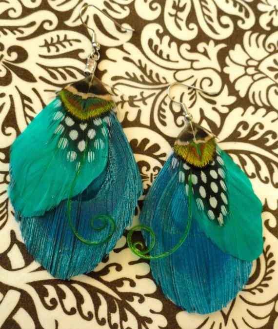 Mariage - DEELIA Turquoise and Green Peacock Feather Earrings