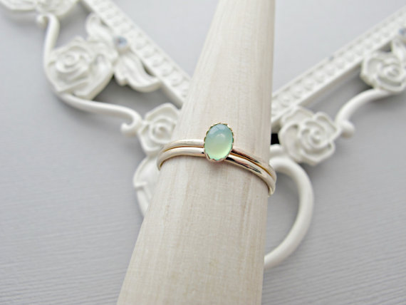 Wedding - 14k Gold Ring SET, Minimalist Gold Ring, Oval Gemstone Ring, Stackable Ring, Engagement Ring, 14kt Gold Ring, Green Chrysoprase, Solid Gold