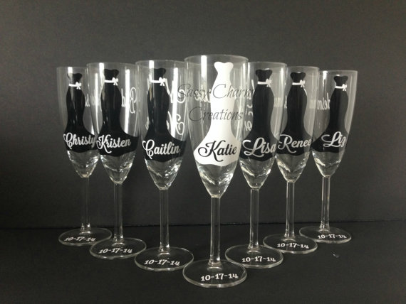 Hochzeit - 1 Personalized Bride and Bridesmaid Champagne Glasses, Wedding Party Glasses