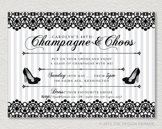 Mariage - PRINTABLE Lace Invitation - Champagne & Choos. Retro, vintage inspired. Shoe Party. 40th Birthday. 30th Birthday.