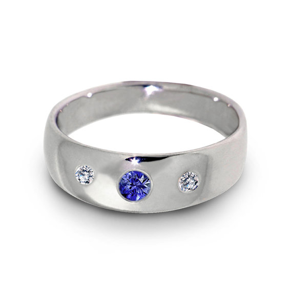 Wedding - Three Stone Wedding Ring, Diamond Sapphire Ring, 14k White Gold rings, Diamond Wedding Band, Womens Mens Wedding Band, Italian Jewelry