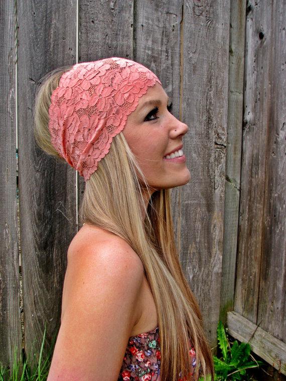 زفاف - Wide Stretch Lace Fashion Headband in Coral (Pastel Peach Pink), Cute Girl Woman Boho Lace Adjustable Hair Band Accessories