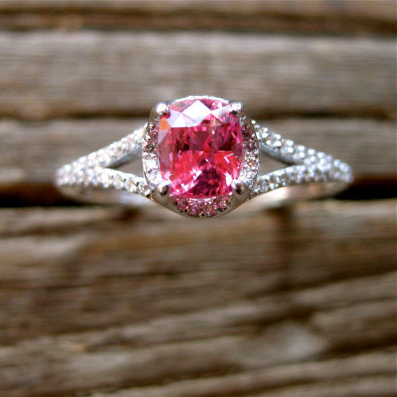 زفاف - Pink Padparadscha Sapphire Engagement Ring in 14K White Gold with Diamonds Scrolls & Split Shank Size 9
