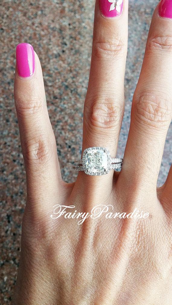 Wedding - 3 Ct Cushion Cut Halo Engagement / Promise Ring in 925 Silver man made diamond pave band, lab made diamond ( FairyParadise)