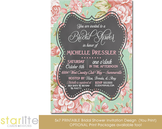 Wedding - Bridal shower invitation, Chalkboard Vintage, Engagement Party, Shabby Chic Floral Pink Green - Printable Design or Printed Option