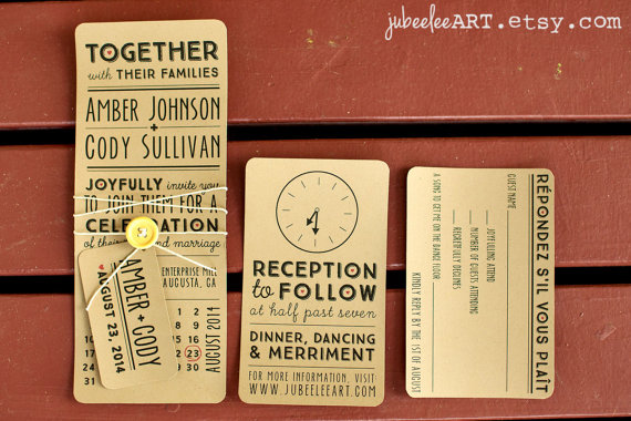 Hochzeit - Oblong rustic modern stacked type wedding invitation with calendar date