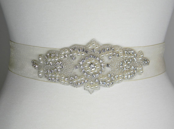 Hochzeit - Ivory Bridal Sash - Bridal Belt - Wedding Belt - Pearl and Rhinestone Beaded Belt, Bridesmaid Dress Satin or Sheer Organza Sash - SOFIA
