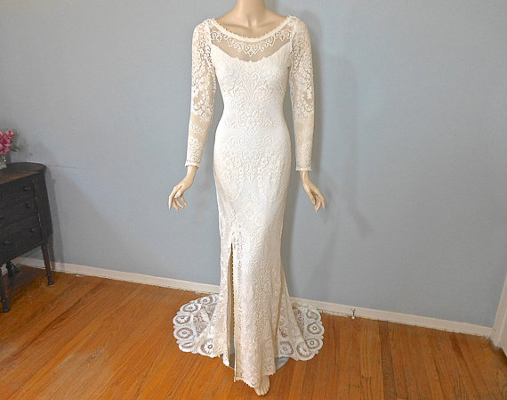 Wedding - Cream Lace Backless Long Sleeve Bohemian Wedding Dress SIMPLE Lace Wedding Dress w Slit Sz Small