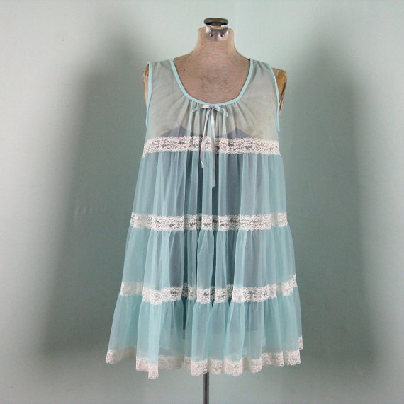 Свадьба - Vintage 1960s Blue Nylon Nighty 60s Sky Blue Sheer Lingerie with White Lace Size M-L