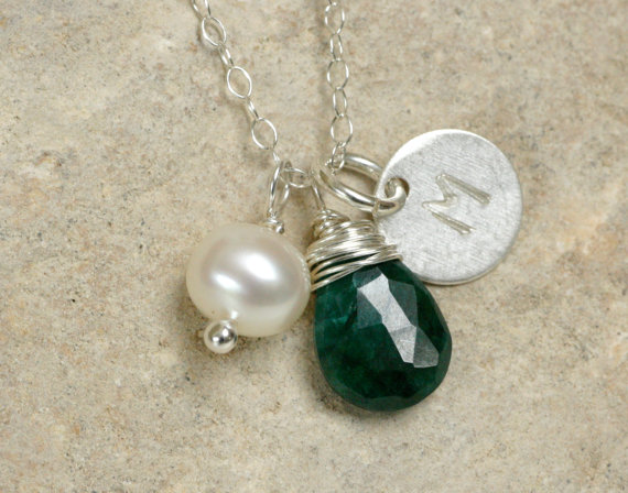 Wedding - Monogram necklace, emerald necklace, personalized birthstone necklace, May birthstone jewellery - Ella