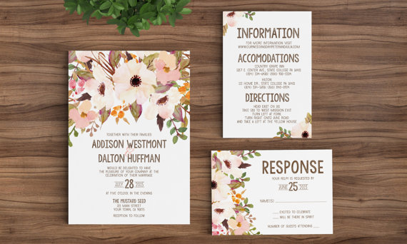 Hochzeit - Printable Rustic Bohemian Floral Wedding Invitation Template - Watercolor, Vintage, Maroon, Ecru, Brown, Tan, Fall, Winter unique DIY (1092)