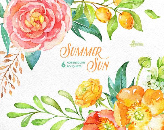 Hochzeit - Summer Sun: 6 Watercolor Bouquets, popies, ranunculus, peonies, floral wedding invitation, greeting card, diy clip art, flowers, fruits, sun