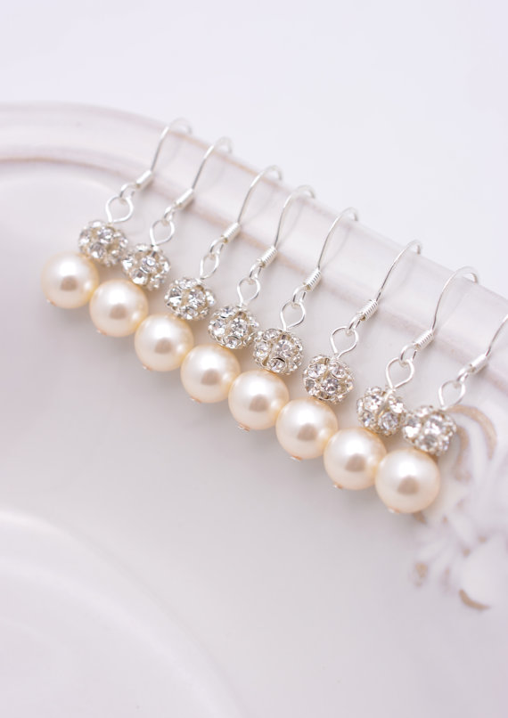 Hochzeit - 6 Pairs Ivory Pearl Bridesmaid Earrings, Ivory Pearl and Rhinestone Earrings, Cream Pearl Earrings, Ivory Earrings 0111
