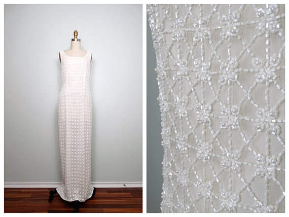 Hochzeit - HEAVY White Beaded Gown // Heavily Embellished Wedding Dress // Pearl Beaded Silk Gown