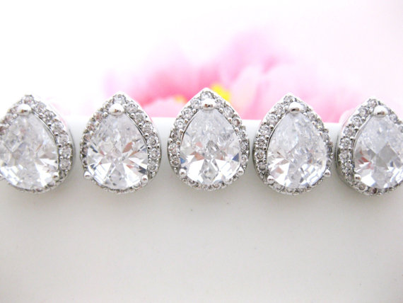 Hochzeit - 15% OFF Set of 6 Clear White LUX Cubic Zirconia Teardrop Stud Earrings Wedding Jewelry Bridal Earrings Bridesmaid Gift Sterling Silver(E013)