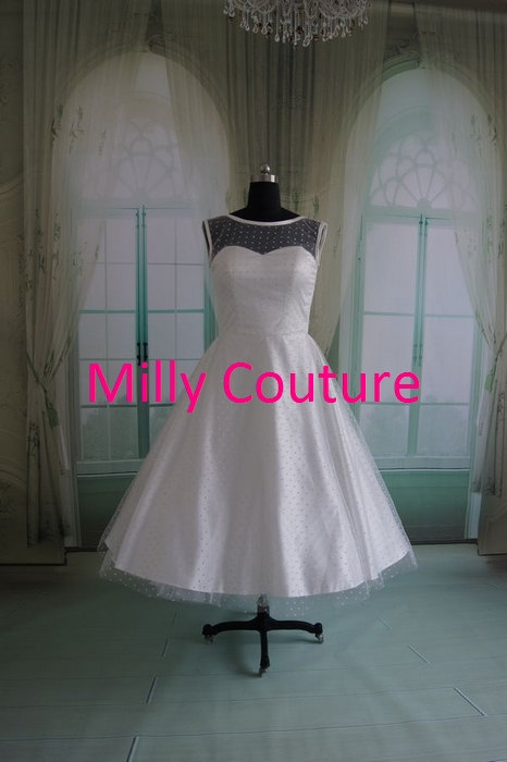 Свадьба - Lily-  Polka Dot vintage inspired wedding dress, Short Bridal Gown, 1950s bridal gown, fifties wedding gown, Tea length wedding dress 1950s
