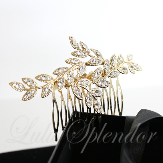 Свадьба - Gold Bridal Hair Comb Leaf with Crystal Leaves Vintage Comb Hair Piece Wedding Hair Accessory NEVE CLASSIC