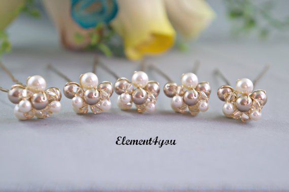 Hochzeit - Bridal hair pins, Champagne ivory hair piece, Silver Gold Swarovski crystals clusters, Bronze wedding accessories, Formal up do, Set of 5
