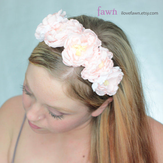 Mariage - Floral pastel pink peony flower head band. Flower girl hair band. Weddings. music festival accessory. Crown tiara  0184