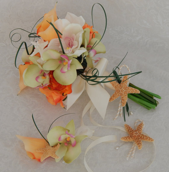 Wedding - Beach Wedding Bouquet-Orchid Calla Lily Rose Starfish and Seashell Bouquet- Made To Order
