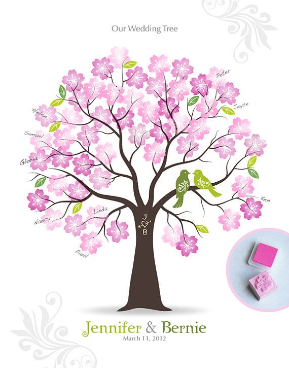 زفاف - Stamp Me Wedding Tree Guest Signature Poster With Hand Carved Flower Stamp & 2 Ink Pads, Personalized Wedding Tree W/ Love Birds, 11x14