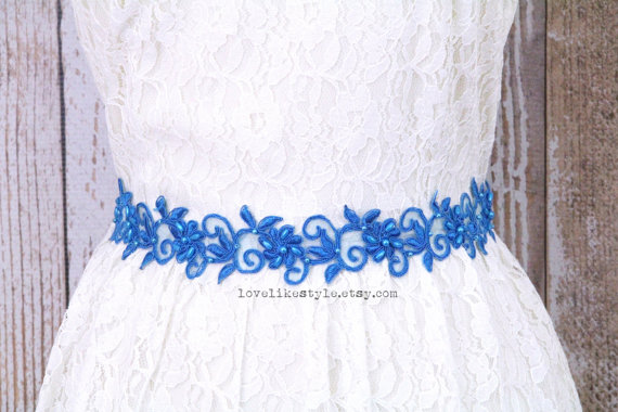 Mariage - Turquoise Flower and Pearl Beading  Lace with Turquoise Satin Ribbon Sash or Headband, Bridal Sash, Bridesmaid Sash, Flower Girl Sash, SH-43