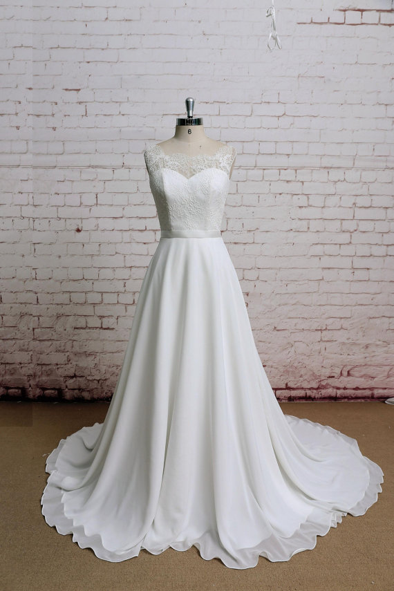 زفاف - Lace covered back Wedding Dress, Sexy Wedding Dress, Lace Chiffon Wedding Bridal Dress with Waistband