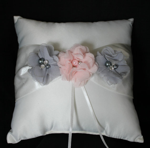 Mariage - White or Cream Ring Bearer Pillow -Gray and Blush Chiffon Flowers Accented with Rhinestone and Pearls- Custom Colors Available