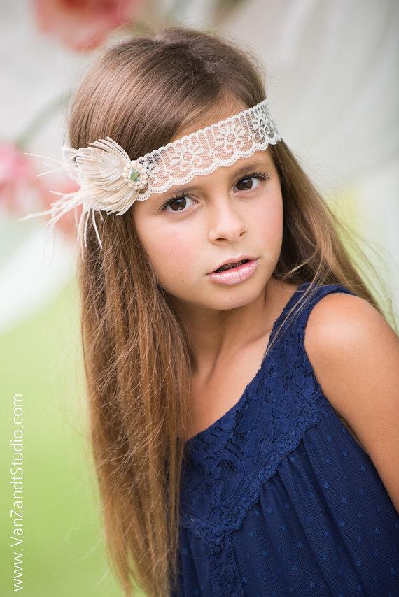 Mariage - Peacock feather headband - lace and feather tie back headband - rustic wedding - photgraphy prop