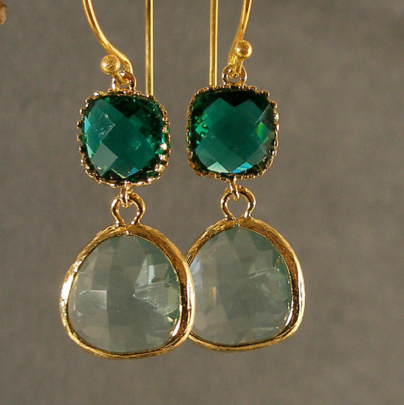 زفاف - SALE-- 20% OFF Teal Green and Prasiolite Glass Gold Bridesmaid Earrings, Wedding Earrings, Bridesmaid Jewelry (2774W)