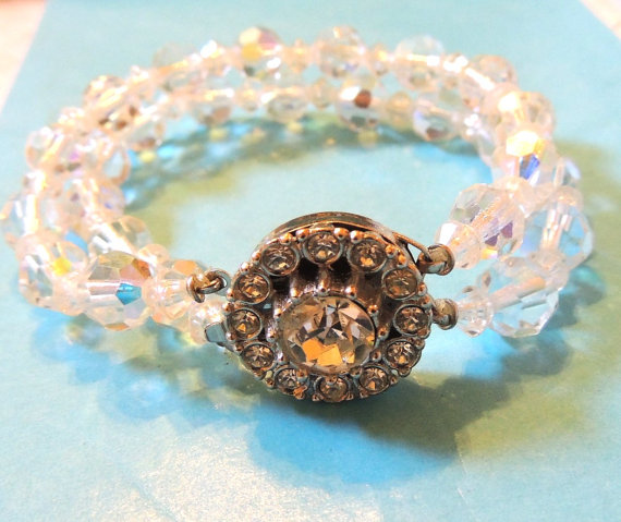 Hochzeit - Crystal Bracelet ,Aurora Borealis, Faceted Crystal , Rhinestone Clasp, Double Strand, Vintage Bracelet, Wedding Bracelet, Vintage Jewelry