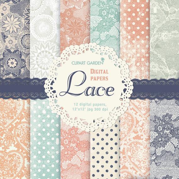 Wedding - INSTANT DOWNLOAD 12 Romantic Lace Digital Papers Pack. (paper crafts,card making,scrapbooking)