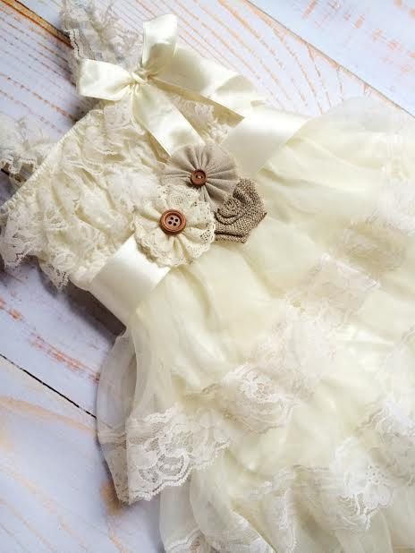 زفاف - Ivory Ruffle Lace Burlap Dress, With Sash and Headband, Toddler Rustic Shabby Chic, Country Chic Wedding Flower Girl dress