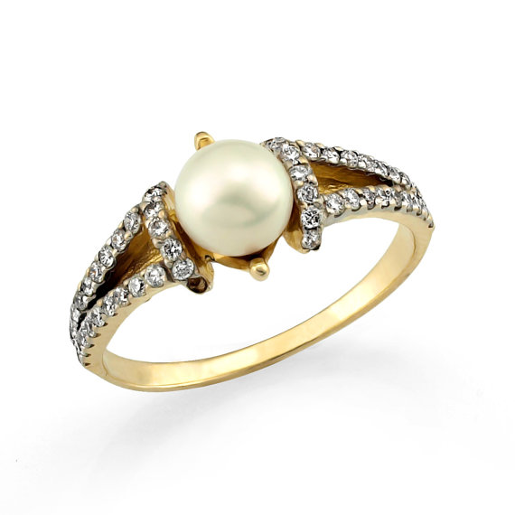 زفاف - 14k Gold Antique White Pearl and Diamond Engagement Ring, Diamond Jewelry, Diamond Ring, Diamond Wedding Ring, Luxurious Diamond Ring