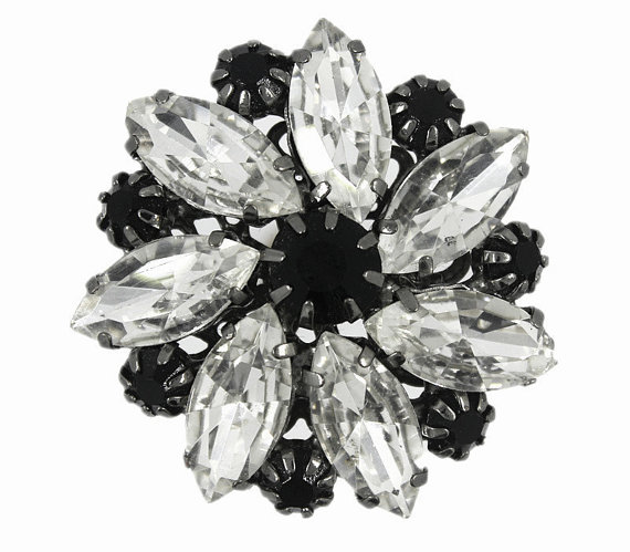 Mariage - Black and Transparent Czech Crystal Claw Prongs Flower Metal Shank Buttons - 1.5 inch - 1 piece
