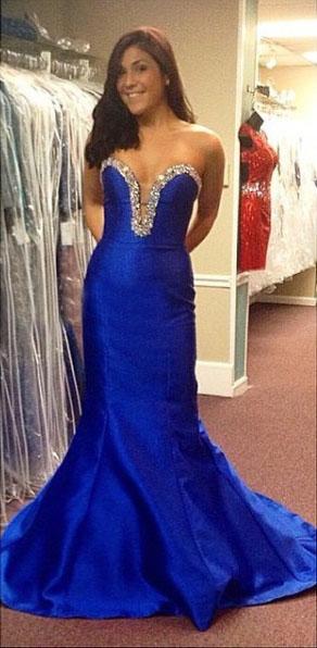 Mariage - Royal Blue Strapless Beaded Front Slit Trumpet Flare Long Prom Dress