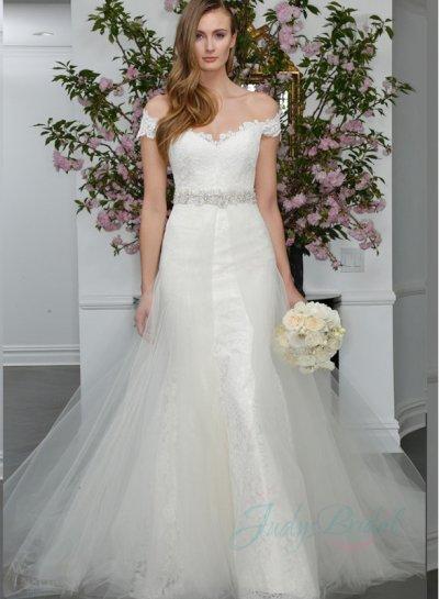 Wedding - JW16011 beautiful off shoulder tulle overlay lace mermaid wedding dress