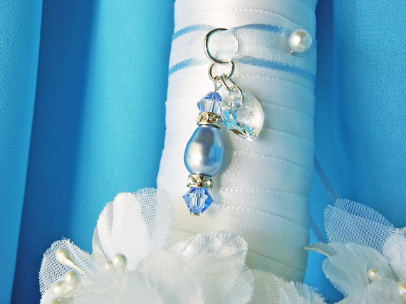 Wedding - Something Blue Wedding Bouquet Charm Swarovski Crystals Pearls Bridal Gift