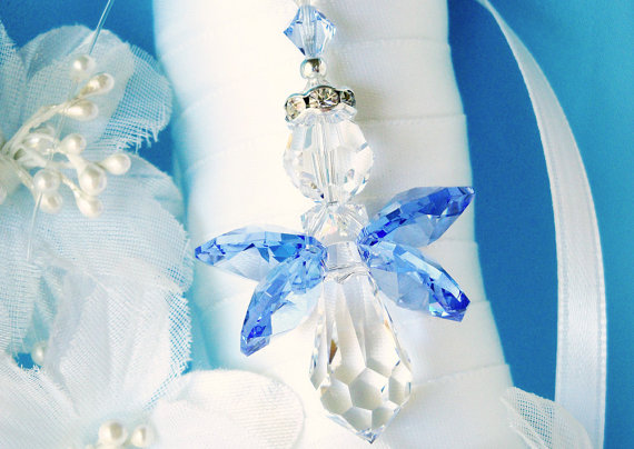 Hochzeit - Something Blue Bouquet Charm Swarovski Crystal Angel Wedding Bouquet Charm