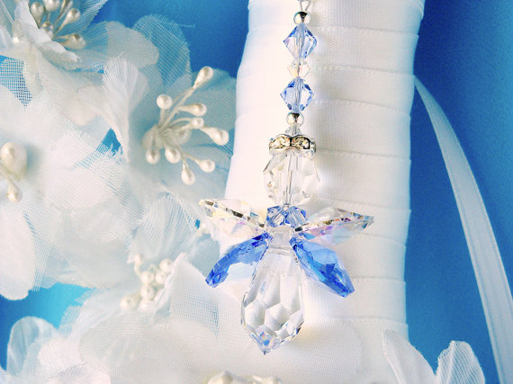 Hochzeit - Something Blue Wedding Bouquet Charm Swarovski Crystal Angel Bridal Bouquet Charm