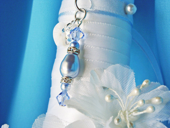 Hochzeit - Something Blue Wedding Bouquet Charm Swarovski Crystals and Pearls