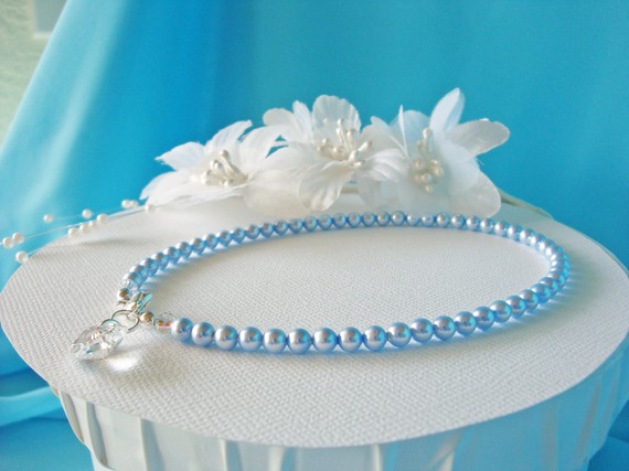 Wedding - Something Blue Anklet Swarovski Pearls Crystal Heart Wedding Ankle Bracelet Jewelry