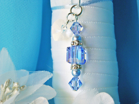 Hochzeit - Something Blue Wedding Bouquet Charm Swarovski Crystal and Pearl Bridal Bouquet