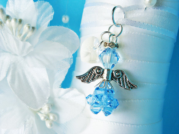 Hochzeit - Something Blue Swarovski Crystal Aqua Blue Angel Bouquet Charm Wedding Bouquet Charm