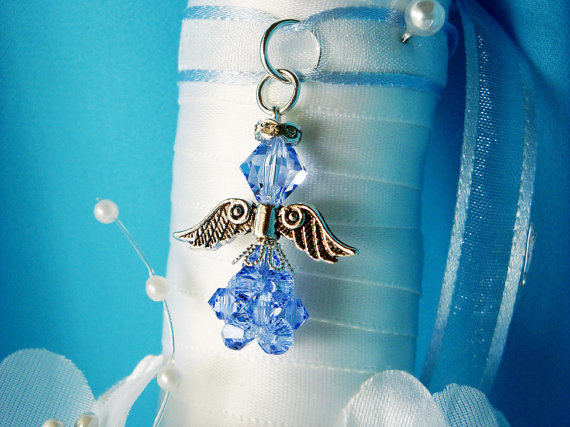 Hochzeit - Something Blue Wedding Angel Bouquet Charm Swarovski Crystal Bridal Angel