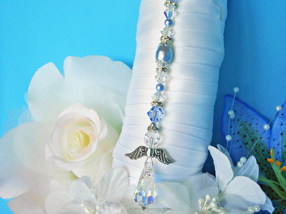 Hochzeit - Something Blue Wedding Angel Bouquet Charm Swarovski Crystal and Pearl Bridal Bouquet